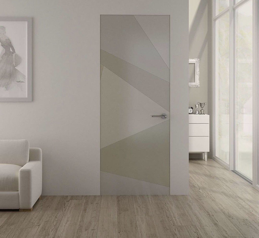 Flush interior door with a geometric two-tone panelled design in a bright hallway