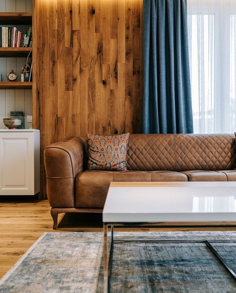 Tan quilted leather sofa in front of a vertical oak slat wall with a white coffee table